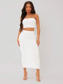 SHEIN SXY Textured Crop Tube Top & Pencil Skirt White Set - White - View 3