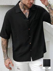 Manfinity Homme 男士纯色黑色落肩单排扣罗纹夏季休闲衬衫 - 黑色 - 查看 1