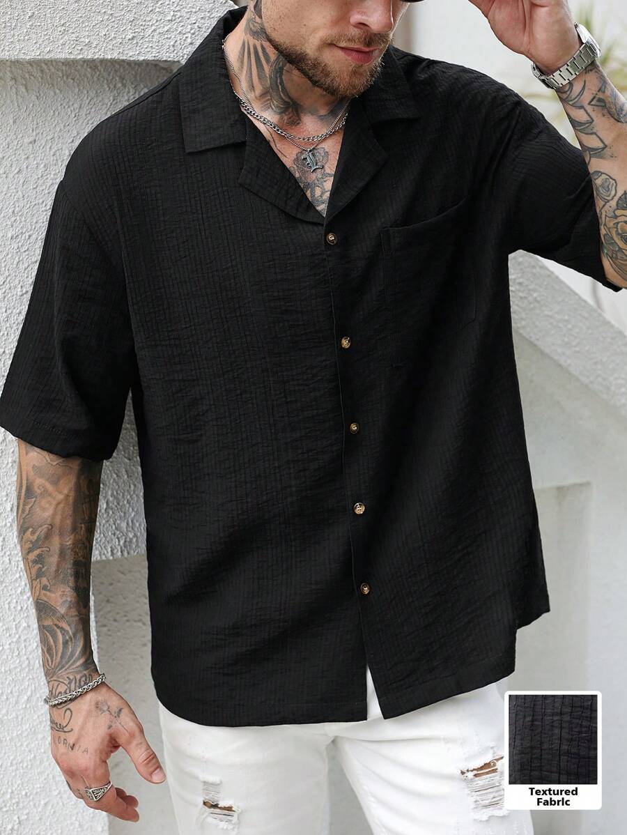 Manfinity Homme 男士纯色黑色落肩单排扣罗纹夏季休闲衬衫 - 黑色 - 查看 1