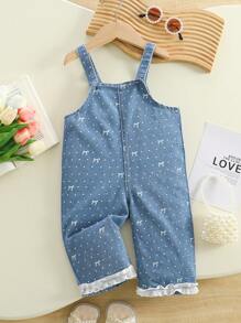 Girls' Denim Bow Print Ruffle Trim Jumpsuit Overall, Versatile - Blue - View 3