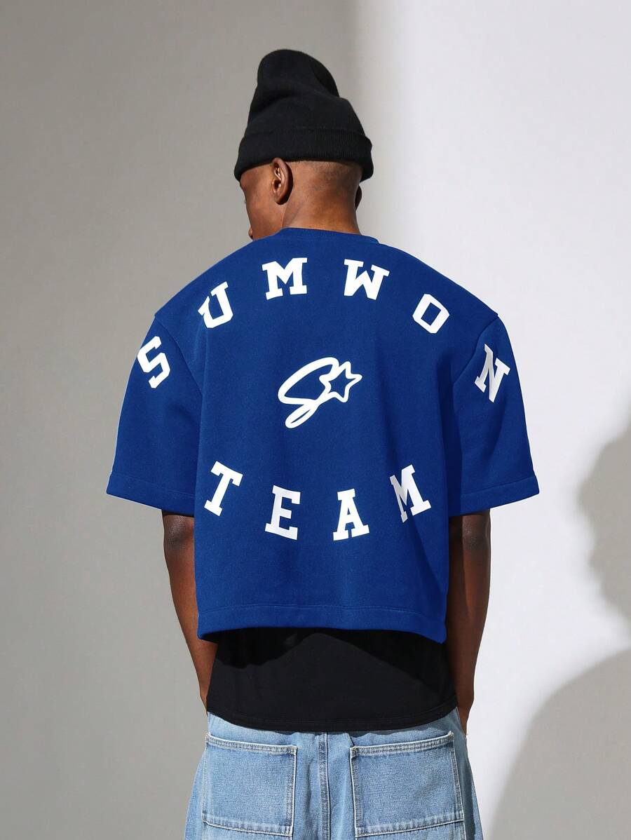 SUMWON 经典校队标志重量级短袖圆领学院运动T恤运动衫街头服饰 - 藍色 - 查看 1
