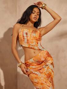 Hauture Robe de vacances sexy à bretelles pour femme avec ourlet de sirène, imprimé abstrait à carreaux mélangé - Jaune citron - Voir 4