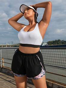SHEIN Plus Size Camo Print 2 In 1 Sports Shorts Shorts Sweater Shorts - Black - View 7
