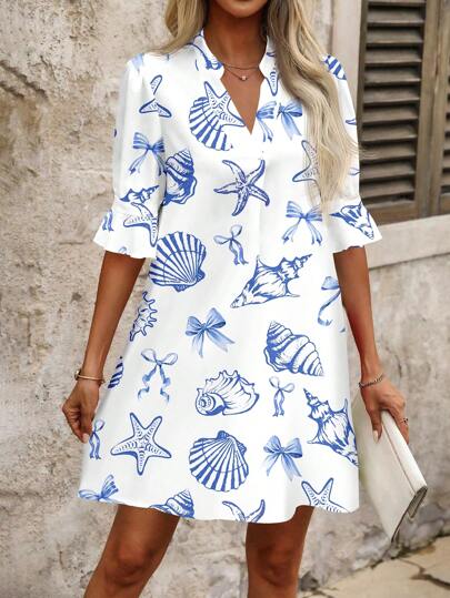 SHEIN Clasi Plus Size Starfish & Shell Print Dress, Suitable For Summer