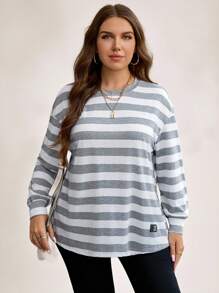 SHEIN LUNE Plus Size Women's Autumn/Winter Striped Print Loose Crew Neck Long Sleeve Casual Fashion T-Shirt With Side Slits Thanksgiving Holiday - Multicolor - View 5