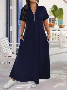 EMERY ROSE Robe courte manches courtes en couleur unie, pratique et polyvalente, taille grande