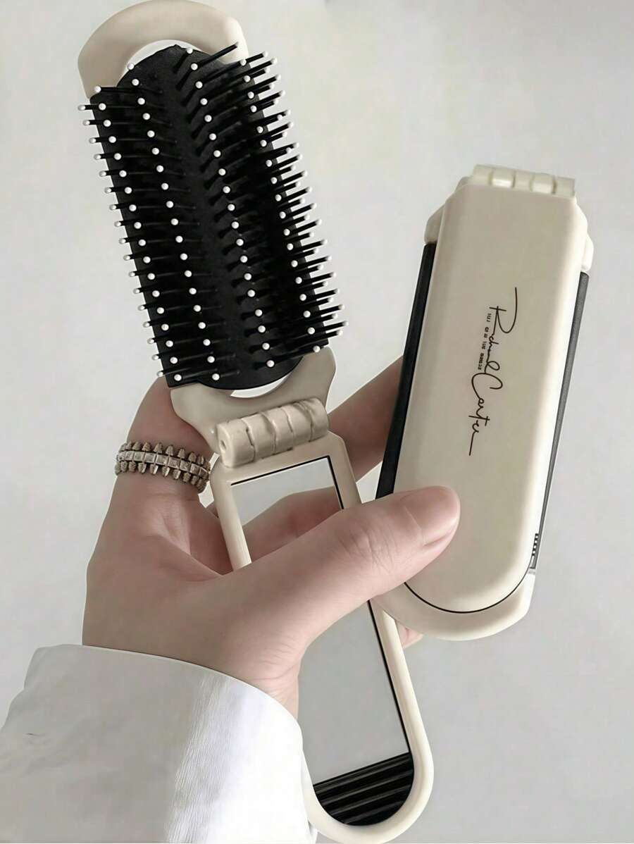 SHEIN 1Pc Milky White Foldable Air Cushion Comb Mirror, Portable Foldable Mini Air Bag Comb, Women's Mirror Integrated Comb, Integrated Hair Massage Comb, Hairpin, Hair Accessories, Mirror Detachable/Mirror Non-Detachable Two Styles Are Available - White - View 1