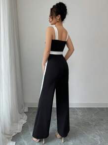Elenzga Women's Elegant Square Neck Colorblock Jumpsuit, Tight And Wide-Leg Style, Suitable For Work And Daily Wear - Black - View 2