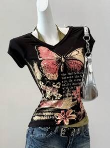 SHEIN EZwear Áo ba lỗ in khẩu hiệu hình con bướm cổ điển giản dị dành cho nữ - màu đen - Xem 6