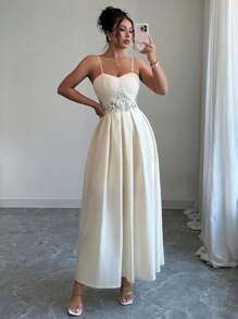 Elenzga Vestido de unicolor con diseño de bordado floral, cintura texturizada, ruedo con volantes, silueta evasé, sin mangas, elegante, informal, cómodo, romántico, adecuado para vacaciones, graduación, días festivos y el día a día. - Albaricoque - Ver 3