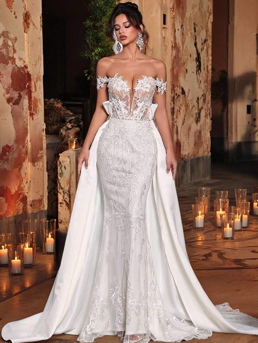 Glamrae Elegant Luxurious Embroidered Sequin & Lace Spliced Satin Bow Trailing Gown, Suitable For Wedding, Party, Honeymoon, Bridal, Bride,Graduation,Teacher Outfits For Women,Teacher Dress - Beige - View 1