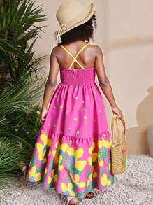 Vestido informal con estampado floral verde + sombrero para niñas, genial para uso diario, salidas, vacaciones, temporada de primavera/verano, nuevos lanzamientos