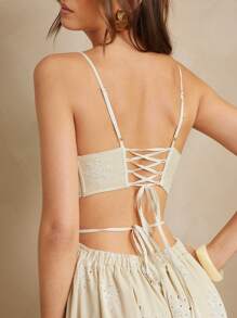 L'Amorae 女士优雅纯色象牙白花朵孔眼无袖镂空A字形吊带后背细节飘逸夏日度假长裙，女士夏季服装，度假服装，美国独立日服装，女士沙滩装