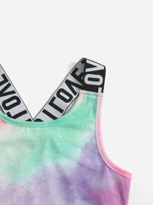 SHEIN Young Girl Letter Tape Tie Dye Crop Tank Top & Contrast Binding Track Shorts - Multicolor - View 4