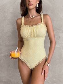 Swim Chiccia Women Solid Color Lace Decor Camisole For Summer Beach Vacation - Yellow - View 6
