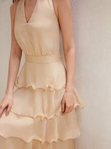 MOTF STUDIO ROMANTIC HOLIDAY HALTER NECK LAYERED RUFFLE HEM MID-LENGTH DRESS - Apricot - View 6