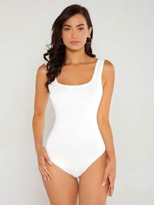 SHEIN BASICS 大码女式夏季休闲通勤简约纯色方领修身连体衣 - 白色 - 查看 4
