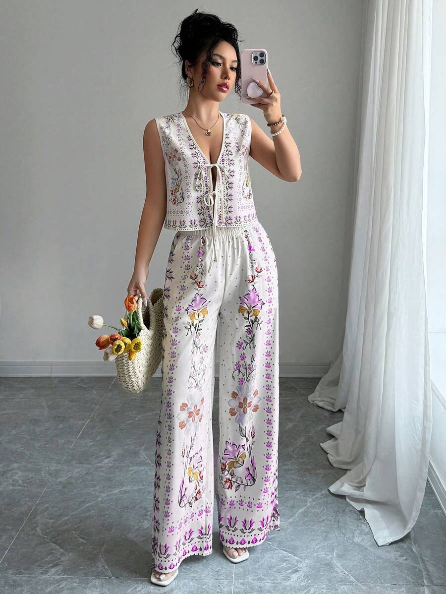 Elenzga 女式无袖上衣和裤子两件套，夏季时尚 - 紫色 - 查看 1