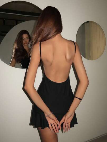 SHEIN ICON Women's Spaghetti Strap Sexy Black Backless Mini Dress, Fashionable For Summer,Party Dresses For Women,Club Outfits Women Sexy