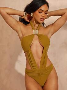 Hauture 女士性感夏季度假夜外出前开襟金色装饰褶饰芥末黄连体衣 - 黃色 - 查看 1
