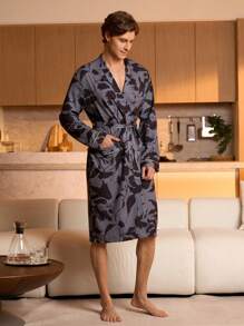 SHEIN Men's Casual Loose Waist Belt Long Sleeve Robe, Suitable For All Seasons - Multicolor - View 4