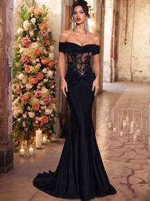 Glamrae Elegante y lujoso vestido negro de hombros descubiertos con bordados, aplicaciones de encaje, acento fruncido y volante de cola de sirena con tejido elástico, adecuado para bodas, cócteles, vacaciones, bailes y eventos formales (diseño elaborado), vestido de fiesta, vestido de noche, para invitados de boda - Negro - Ver 2