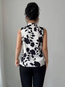Elenzga V-Neck Silhouette Print Sleeveless Half-Placket Shirt Blouse