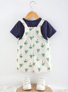 Cozy Pixies 2pcs Baby Boy Solid Knit Soft Crew Neck Short Sleeve Top And Coconut Tree Pattern Bib Overall Shorts Set - Multicolor - View 2