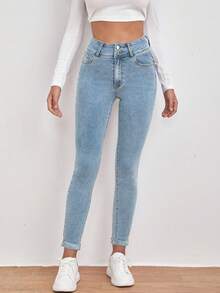 EMERY ROSE High Waist Slant Pocket Skinny Black Jeans - Light Wash - View 4