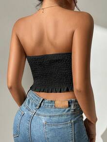 SHEIN PETITE Frill Trim Shirred Crop Tube Top - Black - View 2