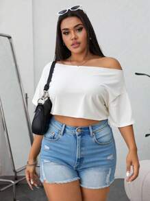 Flirla Plus Size Women's Casual Loose Cropped Asymmetrical Neck T-Shirt, Summer - Yellow - View 1