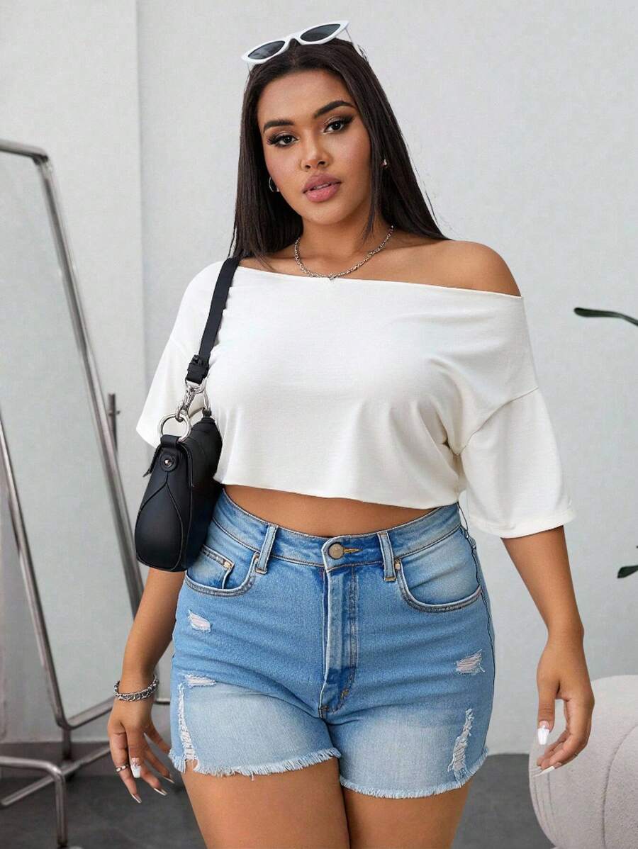 Flirla Plus Size Women's Casual Loose Cropped Asymmetrical Neck T-Shirt, Summer - Yellow - View 1
