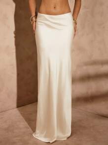Hauture Damen Sommer Sexy Abend Urlaub Elfenbein Satin Lange Maxi Rock mit tiefem Rückenausschnitt