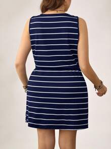 SHEIN LUNE Plus Size Women's Valentine Spring And Summer Black And White Striped Round Neck Sleeveless Waist Tie Casual Fashion Women's Dress - Navy Blue - View 2
