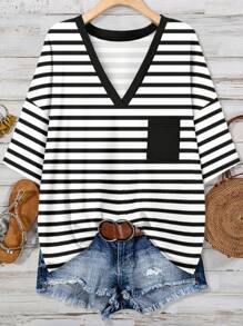 EMERY ROSE Plus Size Women's Casual Striped Print V-Neck Loose Bat Wing T-Shirt, Summer Suitable For Going Out - Multicolor - View 1