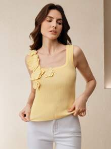 Anewsta Vielseitiges Damen-Tanktop mit Rundhalsausschnitt und 3D-Blumenmuster, buttergelb, Sommer - Gelb - Übersicht 6