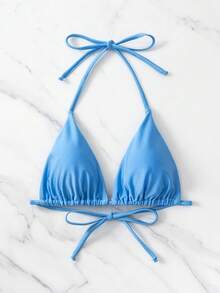SHEIN Swim Summer Beach Plain Halter Triangle Bikini Top - Blue - View 5