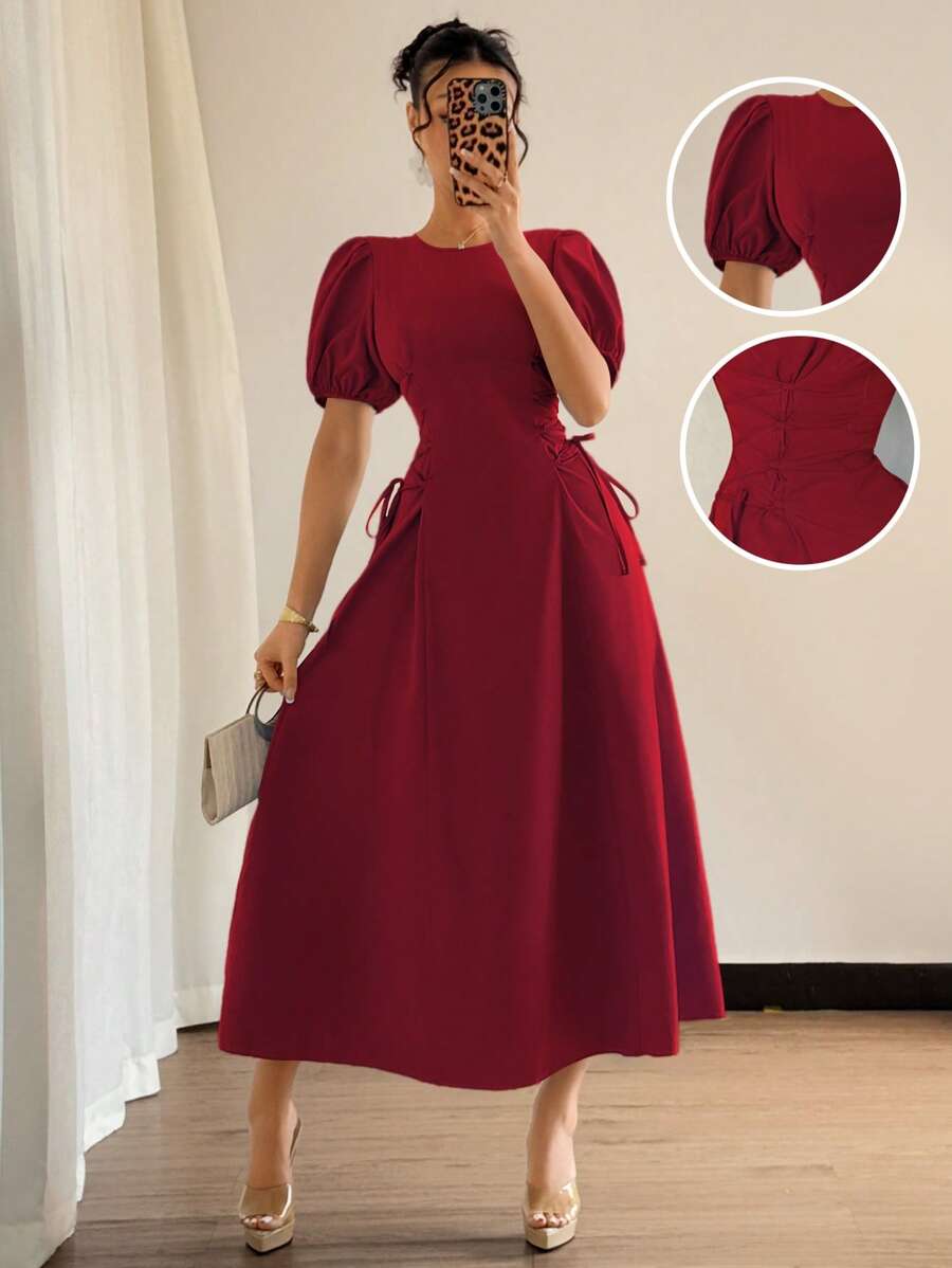 Elenzga Vestido elegante y romántico para vacaciones, ajustado a la cintura, con volantes, mangas abultadas y hombros descubiertos, de color azul francés, para bodas de verano de 2025