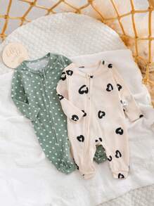 SHEIN 2pcs/Set Newborn Baby Girl Cute Pink Polka Dot Long Sleeve Romper Outfit Set, Autumn/Winter