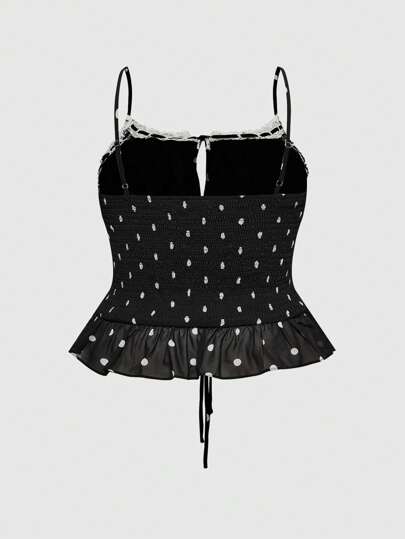 ROMWE Avant Plus Size Sicilian Vacation Retro Polka Dot Hollow Lace-Up Multilayer Camisole