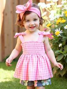 SHEIN Playful Pals 2 件套女孩休闲通勤装，甜美风格蝴蝶结装饰背心和花卉刺绣短裤套装，春夏 - 粉色 - 查看 7