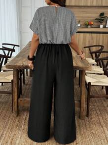 EMERY ROSE Plus Size Solid Color Versatile Jumpsuit - Black and White - View 2