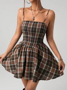 SHEIN ICON 女式西部波西米亚乡村返校娃娃裙乡村外出格纹格子衬裙可爱秋季迷你连衣裙