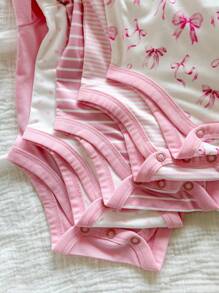 Newborn Baby Girl Cute Graphic Versatile Knit Striped & Pink Star Pattern Jumpsuit, Pants, And Gloves 5Pcs/Set Cartoon - Multicolor - View 9