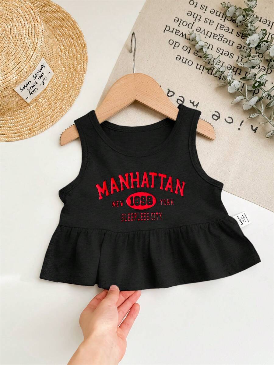 SHEIN Babygirl 可爱百搭字母印花灰色无袖上衣,夏季 - 黑色 - 查看 1
