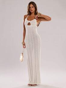SHEIN BAE New Fashion Elegant Strapless Shell Hollow Out Knit Dress For Women - White - View 1