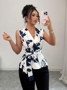 Elenzga Women's Elegant Floral Print Waist V-Neck Sleeveless Blouse, Summer