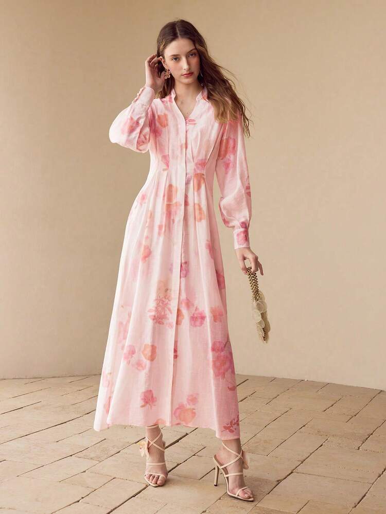 WOMEN FLORAL PRINT NOTCH NECK LANTERN SLEEVE FOLD PLEATED LONG DRESS