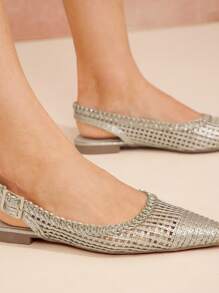 SHUZIA 女士时尚编织尖头露跟平底鞋 - 金色 - 查看 5
