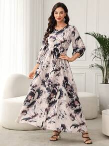 SHEIN Lacomfia 女式花卉印花拼色缎带腰部阿拉伯风格长裙，春夏，端庄